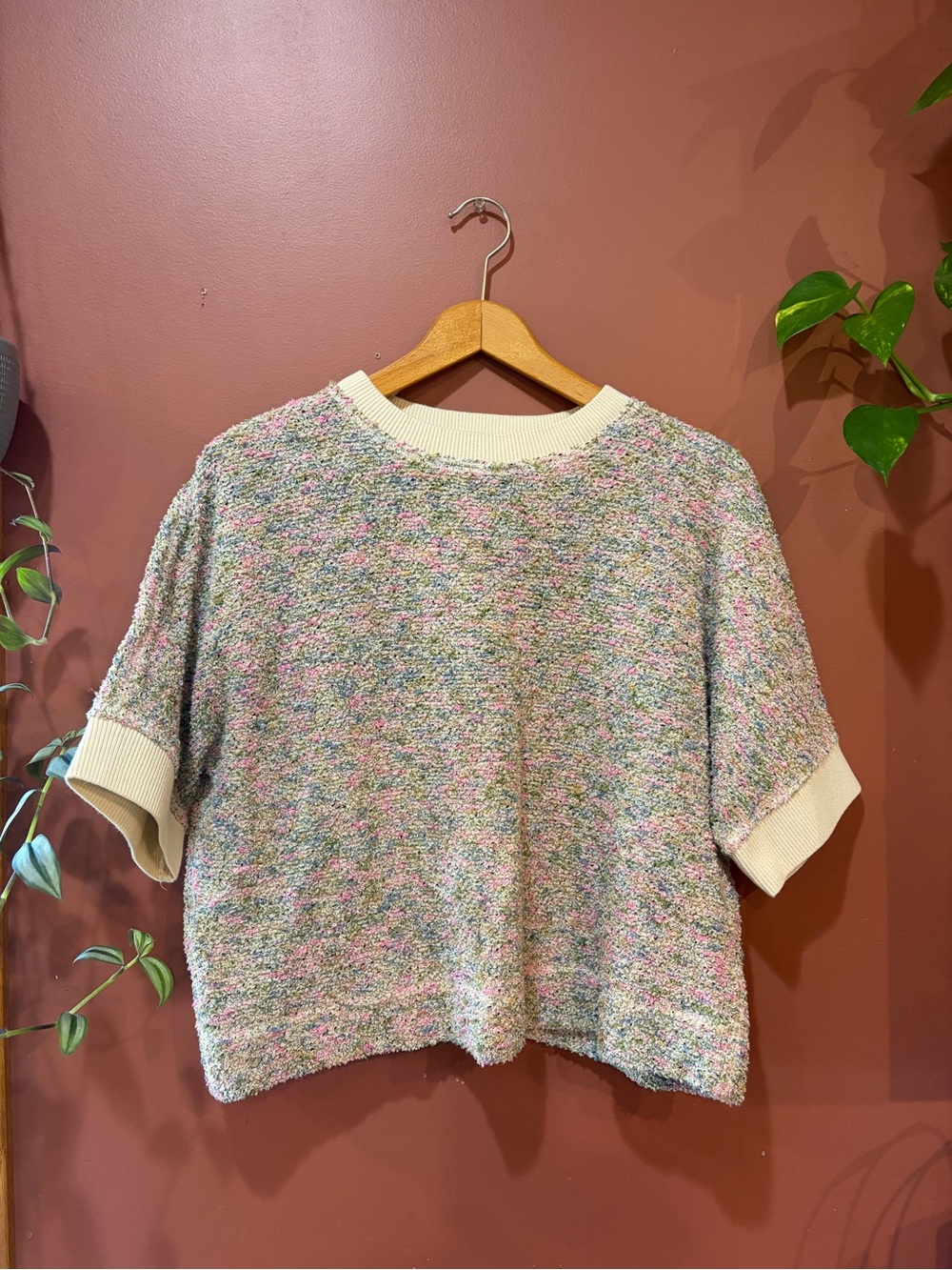 Worth Multicolor Bouclé Short-Sleeve Sweater with Cream Trim